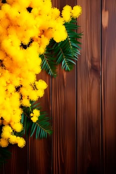 Mimosa flowers on a wooden background. Generative AI, Spa.