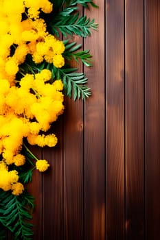 Mimosa flowers on a wooden background. Generative AI, Spa.