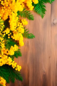 Mimosa flowers on a wooden background. Generative AI, Spa.