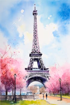 Watercolor drawing of the Eiffel Tower. Generative AI, Love.