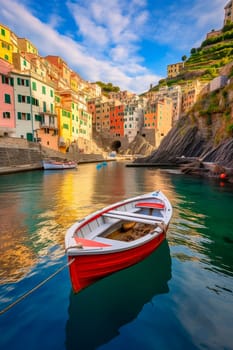 Peaceful fishing village of Riomaggiore, cliffside, colorful buildings, Cinque Terre coast, Italian river, Mediterranean sea, Europe. Generative AI, Summer.