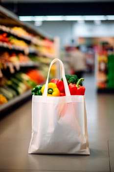 A bag of vegetables on the background of a supermarket. Generative AI, Food.