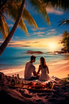 Romantic couple having a picnic on the beach. Generative AI, sea.
