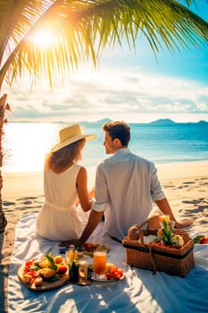 Romantic couple having a picnic on the beach. Generative AI, sea.