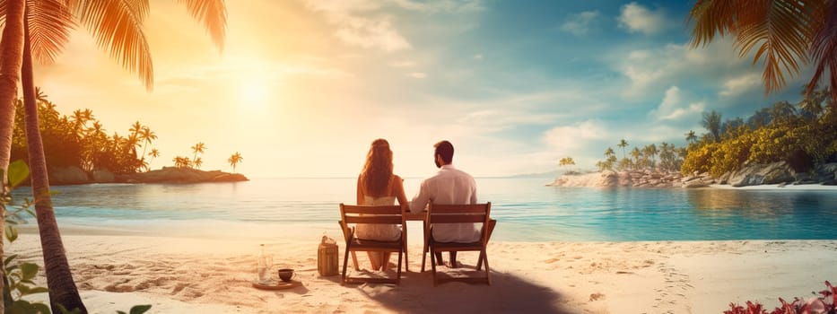 Romantic couple having a picnic on the beach. Generative AI, sea.