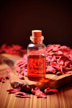 Rosewood essential oil in a bottle. Generative AI, Nature.