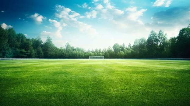 Football field with green grass. Generative AI, Sky.