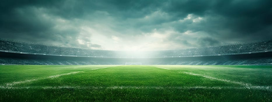 Football field with green grass. Generative AI, Sky.