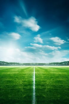 Football field with green grass. Generative AI, Sky.