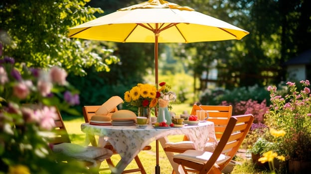 Chairs and table in the garden for breakfast. Generative AI, Nature.