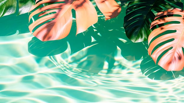 Palm leaves on the background of the pool. Generative AI, Sea.