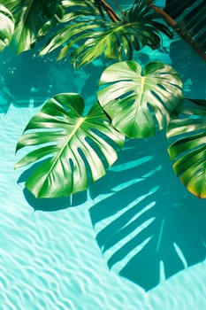 Palm leaves on the background of the pool. Generative AI, Sea.