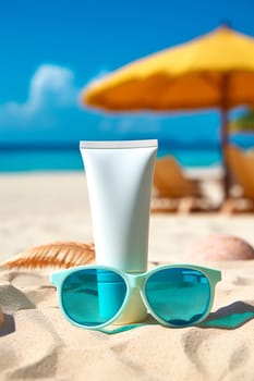 Suntan lotion and sunglasses on the beach. Generative AI, Sea.