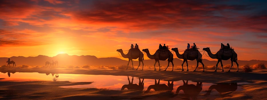 Camel caravan at sunset in the desert. Generative AI, Nature.