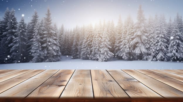 Empty table in beautiful winter landscape, wood plank board in snow mountain outdoor comeliness