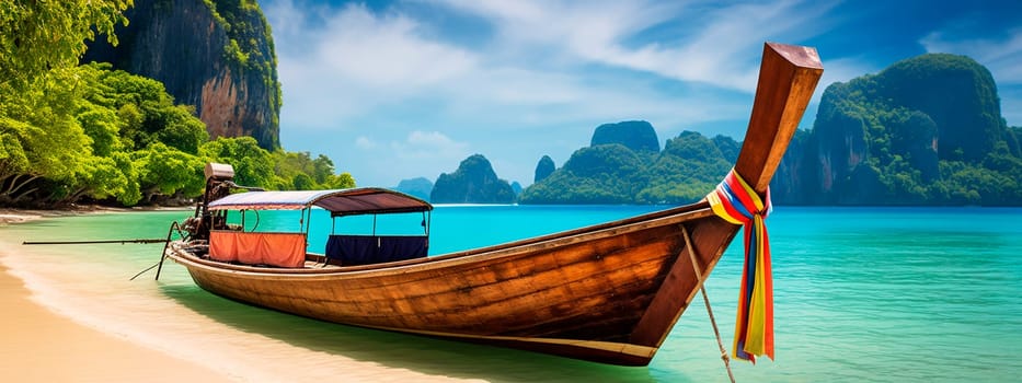 Traditional wooden longtail boat of Thailand on the beach of the island. Generative AI, Spa.