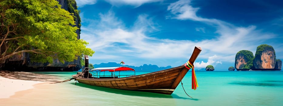 Traditional wooden longtail boat of Thailand on the beach of the island. Generative AI, Spa.