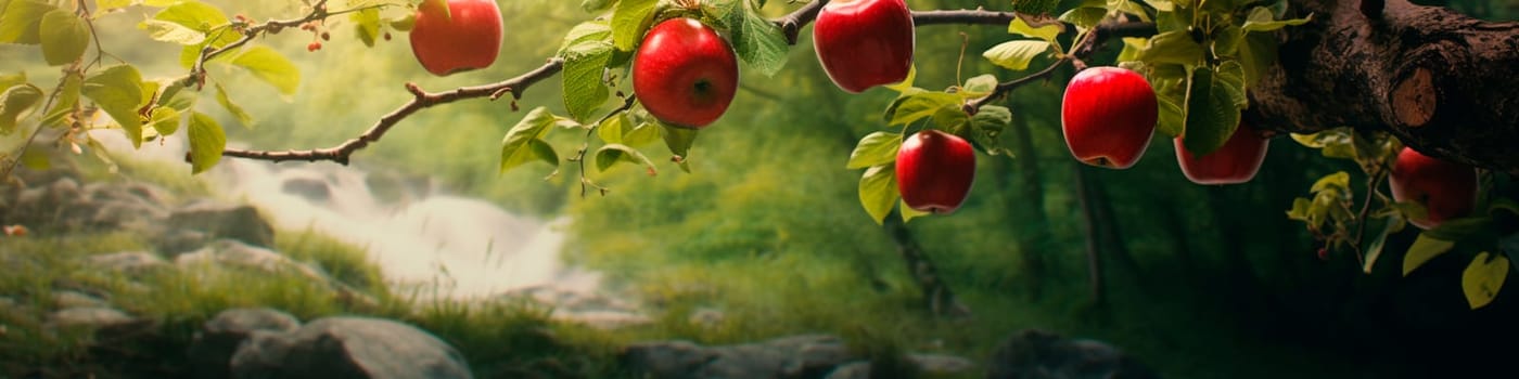 Apple fruits on a tree in the garden. Generative AI, Red.