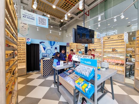 Gurgaon, Delhi, India - 17th Sept 2023: Inside shop of lenskart Indian startup which is now a decacorn unicorn with eyeglasses, sunglasses