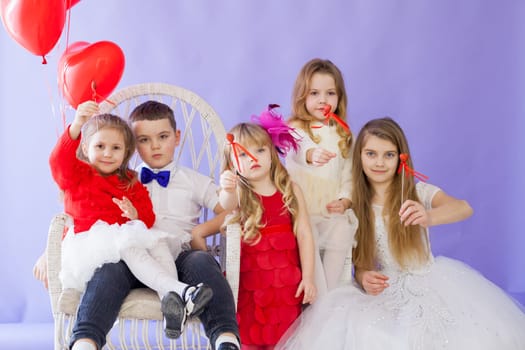 Kids boy and girls friends with balloons