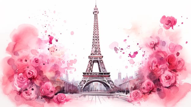 Watercolor drawing of the Eiffel Tower with flowers. Generative AI, White.