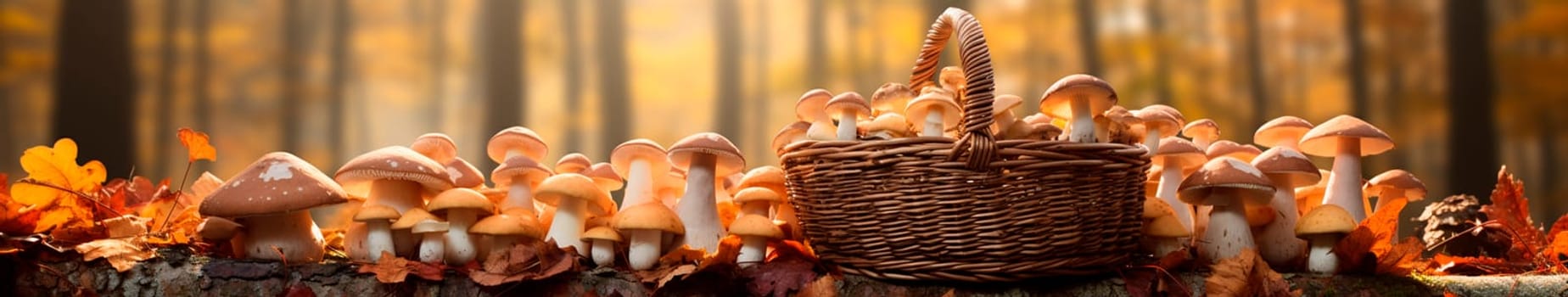 Basket with mushrooms in the forest. Generative AI, Nature.