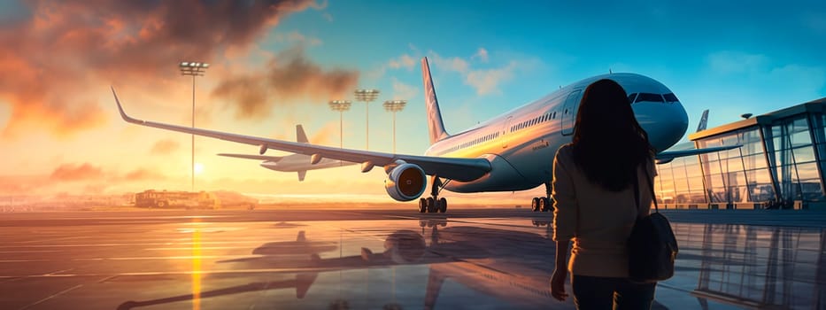 Woman on the background of an airplane at the airport. Generative AI, Travel.