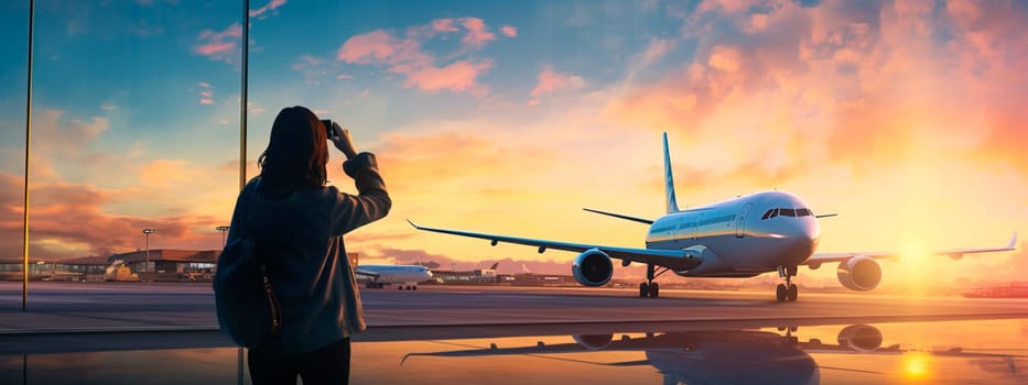 Woman on the background of an airplane at the airport. Generative AI, Travel.