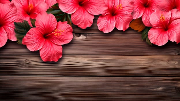 Hibiscus flowers on a wooden background. Generative AI, Nature.