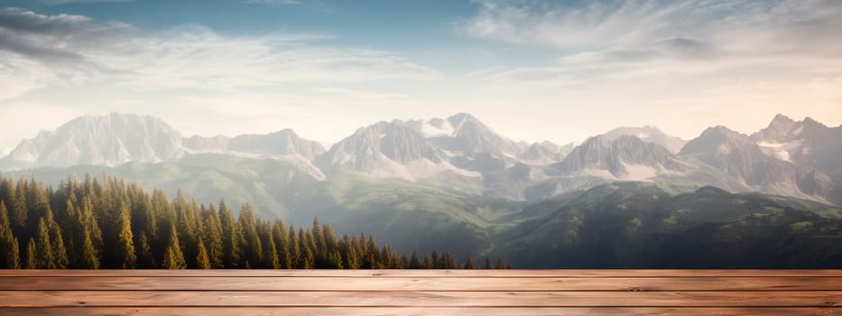 Wooden table background with mountains and wildlife landscape. Generative AI, Nature.