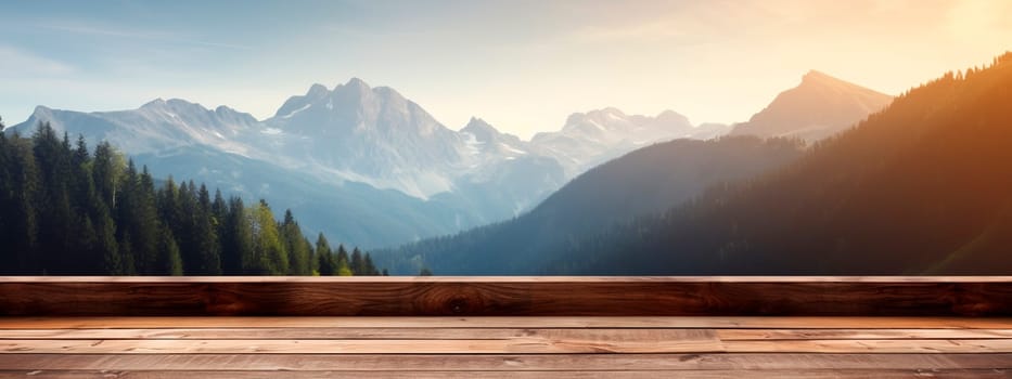 Wooden table background with mountains and wildlife landscape. Generative AI, Nature.