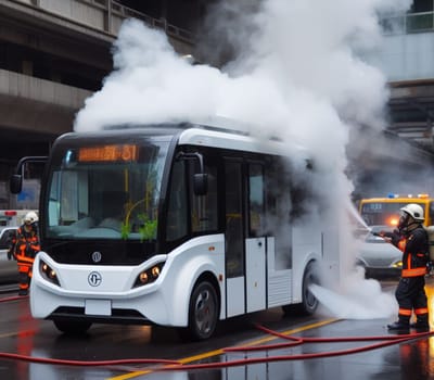 electric hybrid city bus burn bottom chasis, firefighter apply foam to extinguish flames big smoke ai generated