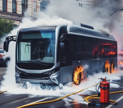 electric hybrid city bus burn bottom chasis, firefighter apply foam to extinguish flames big smoke ai generated