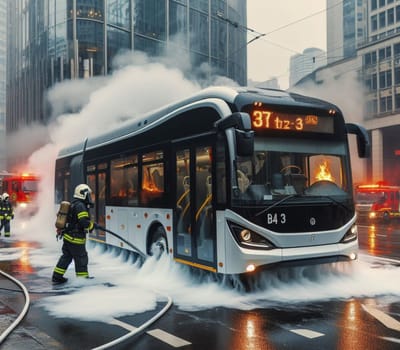 electric hybrid city bus burn bottom chasis, firefighter apply foam to extinguish flames big smoke ai generated