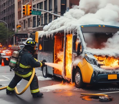 electric hybrid city bus burn bottom chasis, firefighter apply foam to extinguish flames big smoke ai generated