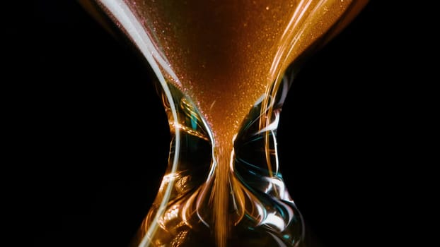 Elegant hourglass macro background. Tiny sand grains falls from upper bulb. Time slip away, symbol of fleeting moments, deadline, business management, educational creative content. High quality