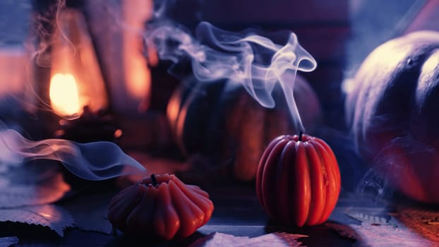 Melancholic beauty of autumn, extinguished pumpkins, cone candles on windowsill, wistful charm of fall season, touch of poetic ambience, autumnal nostalgia and reflection.
