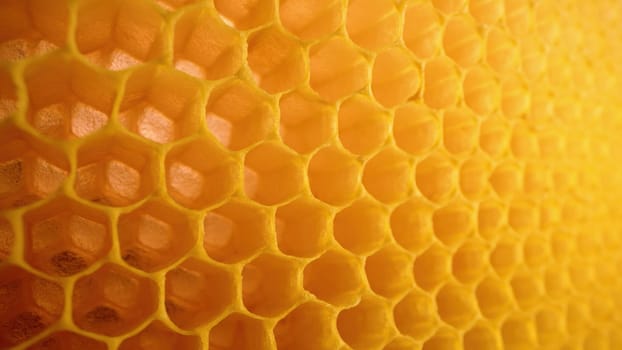 Honeycombs macro footage inside bees hive. Yellow empty wax cells. Preparation for honey collection season. High quality