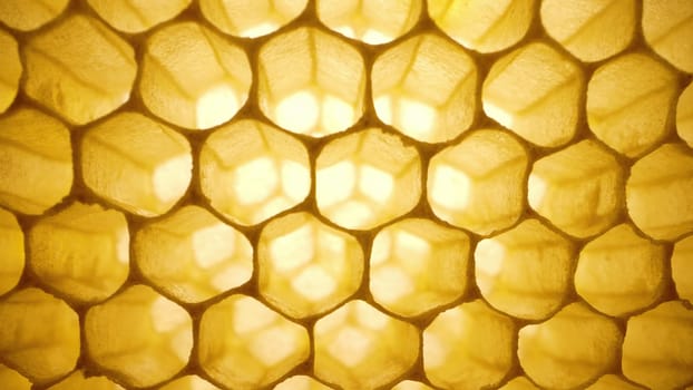 Honeycombs macro footage inside bees hive. Yellow empty wax cells. Preparation for honey collection season. High quality