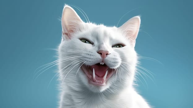 Funny portrait of happy white cat with opened mouth on Isolated blue background, looks away.