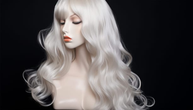 Natural looking blonde wig on white mannequin head. Long hair on the plastic wig holder isolated on black background, front view woman design beauty product