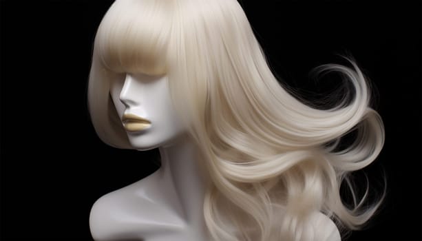 Natural looking blonde wig on white mannequin head. Long hair on the plastic wig holder isolated on black background, front view woman design beauty product