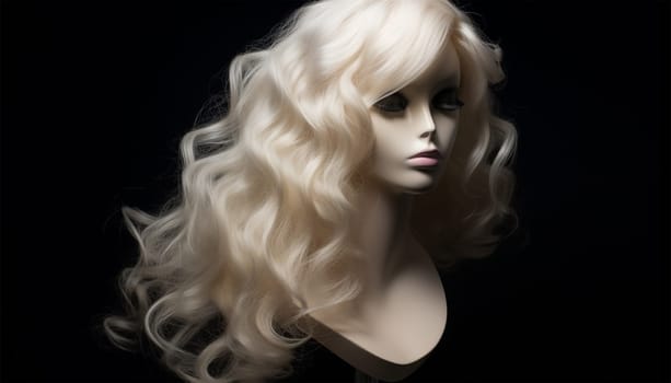 Natural looking blonde wig on white mannequin head. Long hair on the plastic wig holder isolated on black background, front view woman design beauty product
