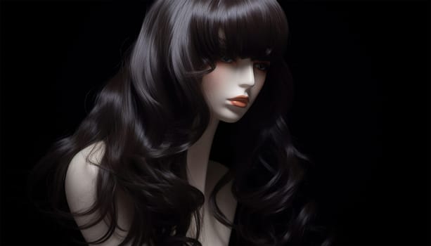 Natural looking black wig on white mannequin head isolated on black background. Long wavy hair, length straight hair with bangs on the metal wig holder front view beauty product stylish