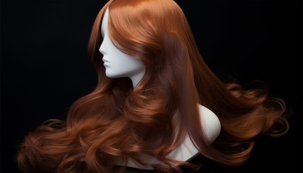 Red hair on mannequin. Females hair. a red wig, looks like a woman's head with a hairstyle. Black background. Copy space. Concept of beauty salon, hair care and hair transplant beauty product