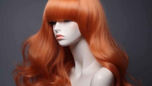 Red hair on mannequin. Females hair. a red wig, looks like a woman's head with a hairstyle. Black background. Copy space. Concept of beauty salon, hair care and hair transplant beauty product