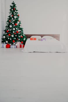 Christmas new year tree Interior bedroom and bed with