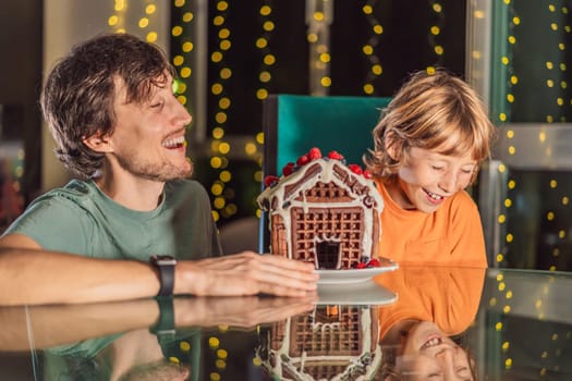 Savor unique moments as dad and son bite into an unconventional gingerbread house, adding a twist to Christmas traditions. A tasty blend of creativity and family joy.