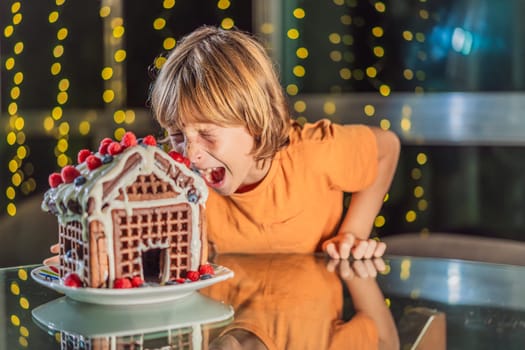 Immerse in festive delight as a boy crafts boy crafting an unconventional gingerbread house, infusing Christmas with unique creativity and festive cheer. A sweet scene of seasonal bonding and culinary fun.