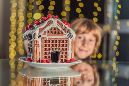 Immerse in festive delight as a boy crafts boy crafting an unconventional gingerbread house, infusing Christmas with unique creativity and festive cheer. A sweet scene of seasonal bonding and culinary fun.